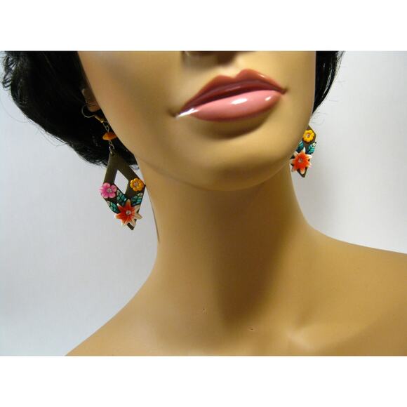 Island style Colorful Floral Dangle Drop Rhinestone accent Earrings 2.5 inch - Picture 4 of 8